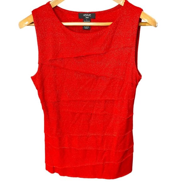 Verve Red Sleeveless Gold Metallic Thread Ruffle Shell Tank Top Sz L - Picture 1 of 9